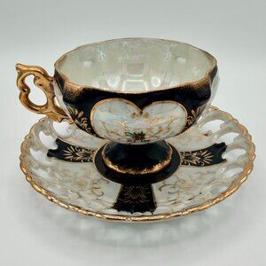 VTG ROYAL SEALY China Black Lusterware Tea Cup & Pierced Saucer Set